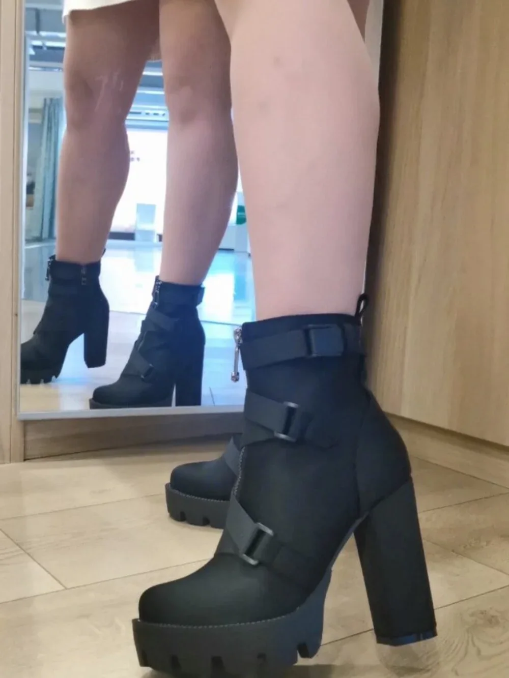 Fashion Platform Block High Heel Booties Buckle Strap Zipper Ankle Boots